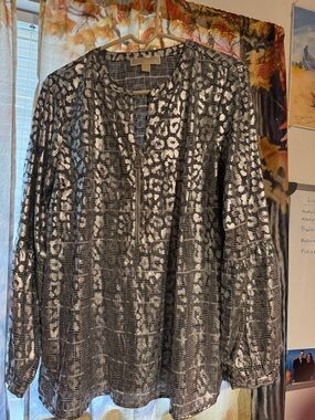 Michael Kors Black and White Patterned Long Sleeve Blouse